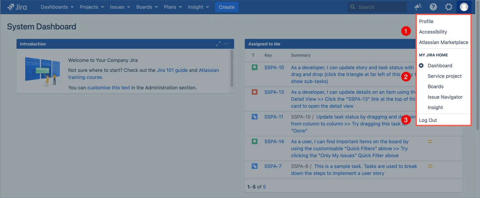 Jira Profile menu showing links for personal settings, system settings, and setting the Jira home page.