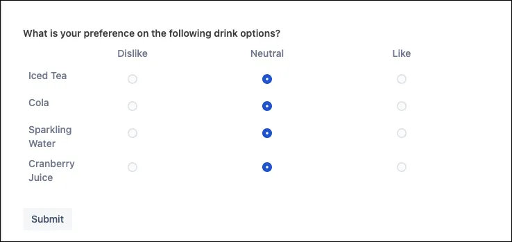 Published Confluence page showing a completed Radio matrix form with rows and columns of radio buttons