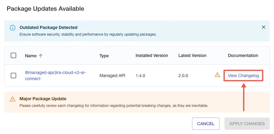 Package Updates Available modal showing a list of outdated packages with options to update and view changelog details