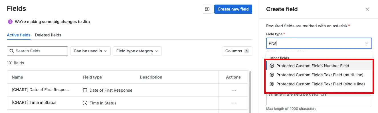 Fields screen showing the three field types for Protected Custom Fields in the Field Type drop-down.