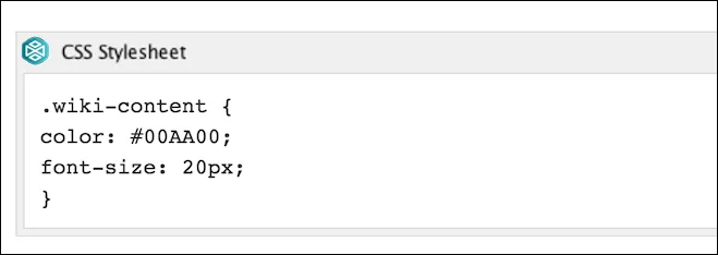 Confluence page showing a CSS style sheet being added and referenced by the Center macro