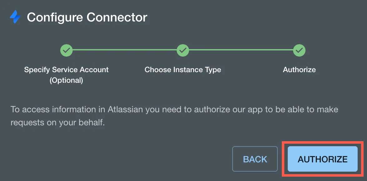 The authorization page of the create connector screen, with the Authorize button highlighted.