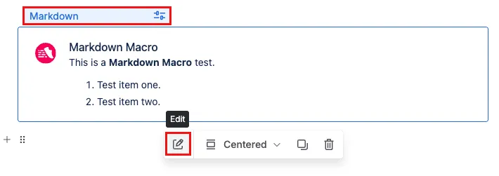 The Markdown macro edit option, highlighted.