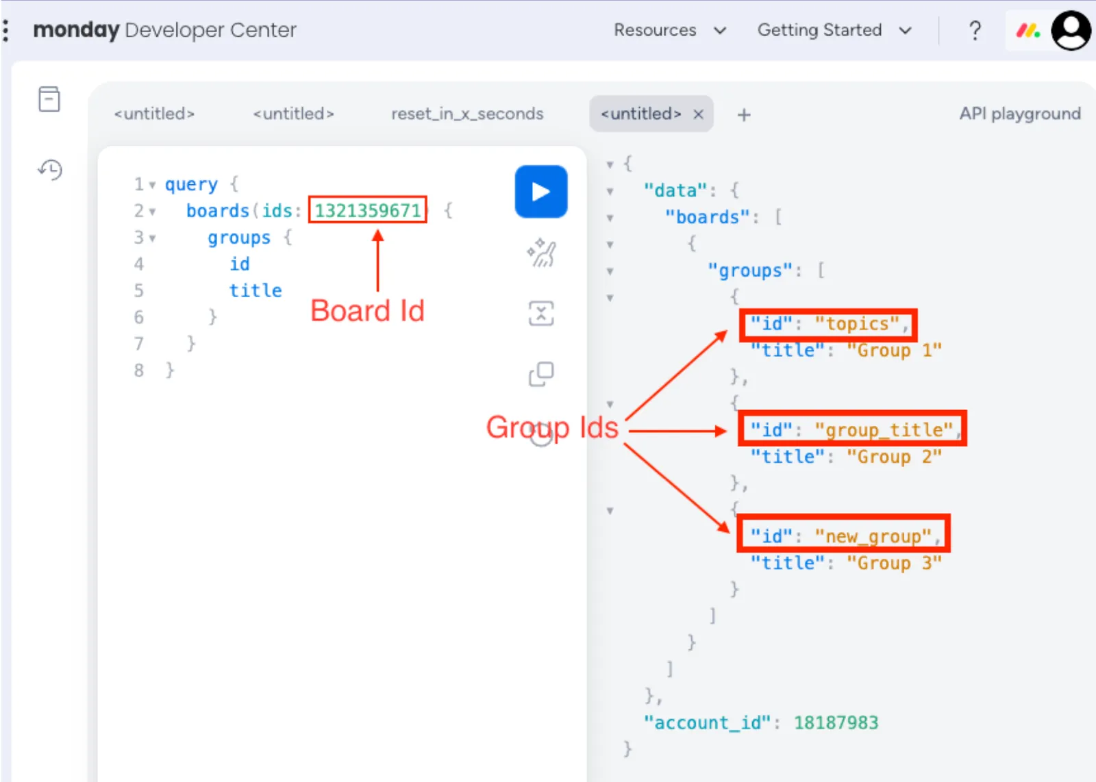 Example Board ID and Group IDs shown in the Monday.com interface.