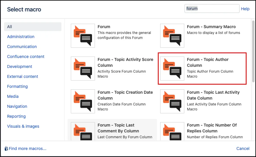 Forum macro menu showing the Forum - Topic Author Column macro highlighted in the Other Macros list