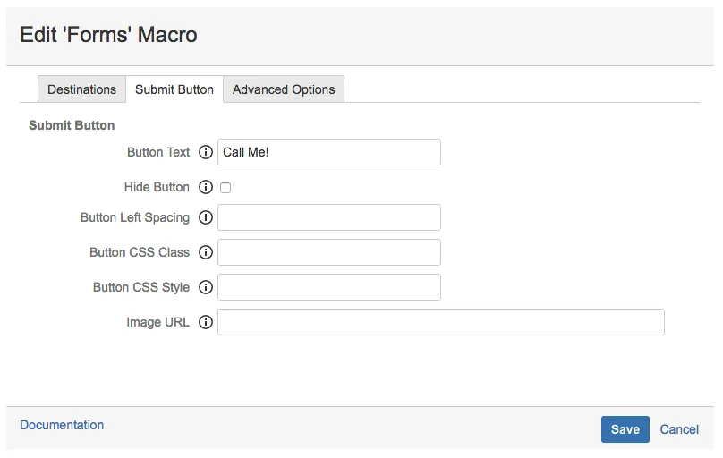 Forms macro Submit Button tab showing the button label set to "Call Me!"