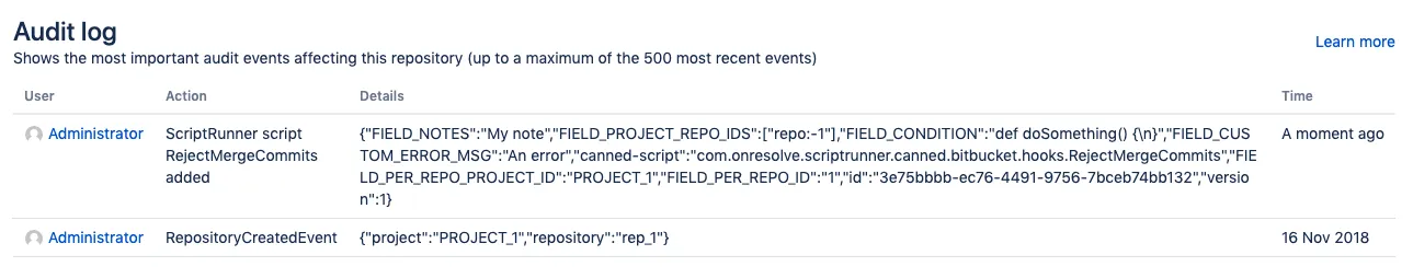 Bitbucket audit log showing ScriptRunner-prefixed entries