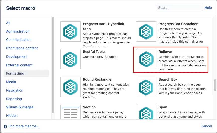 Macro Browser showing the Rollover macro selected