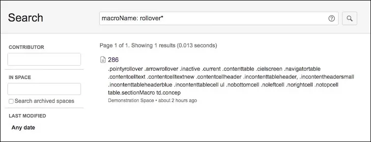 Confluence search results showing pages that use the Rollover macro after searching for macroName: rollover*