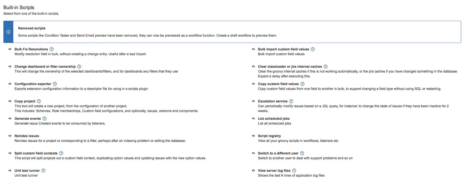 The Built-in Scripts options.