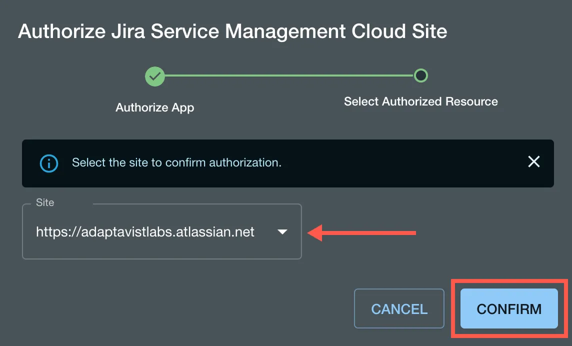 The configure connector dialog with the Confirm button and the Site field highlighted.