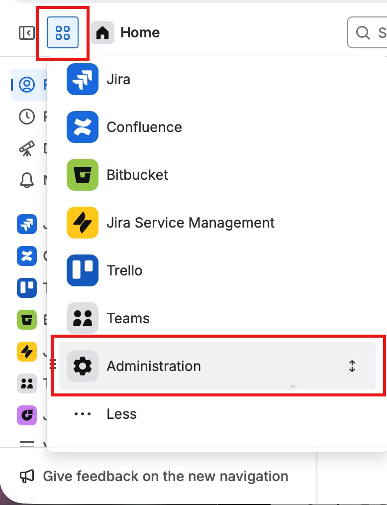 App menu with Administration option highlighted