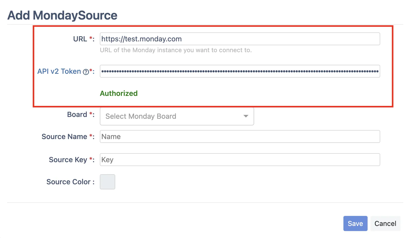 Image of Add MondaySource screen with URL and API options highlighted
