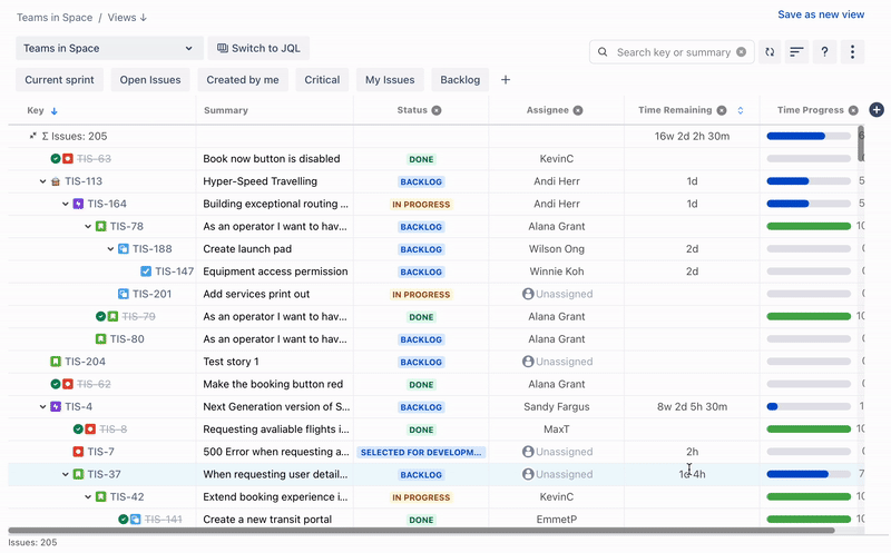 Animated example showing issues grouped by Status, Assignee, and Sprint, with rollup values displayed for each group at the top level of the hierarchy.