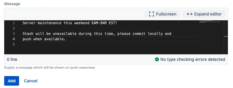 Example Bitbucket output showing a server maintenance warning message