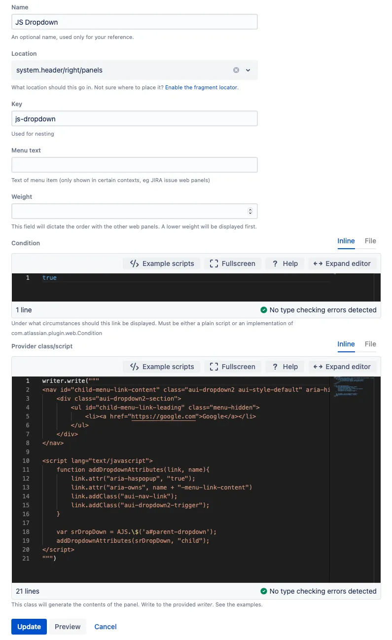 A Web Fragment form with example content.