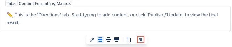 Macro placeholder selected with the trash icon highlighted for deleting the tab and its content.