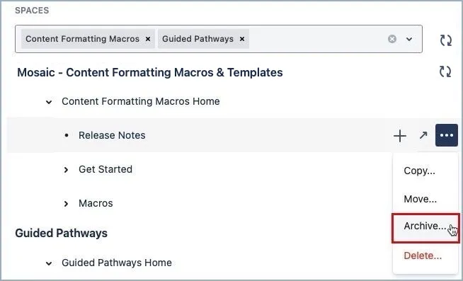Archive option selected from the page menu showing the confirmation message