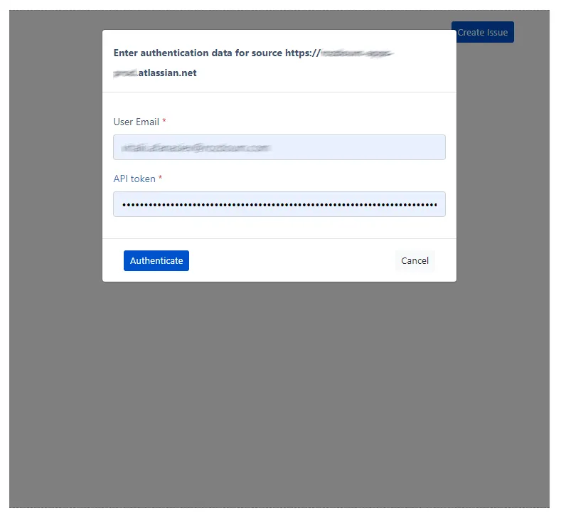 Confluence TMC macro dialog showing fields for user email and API token entry