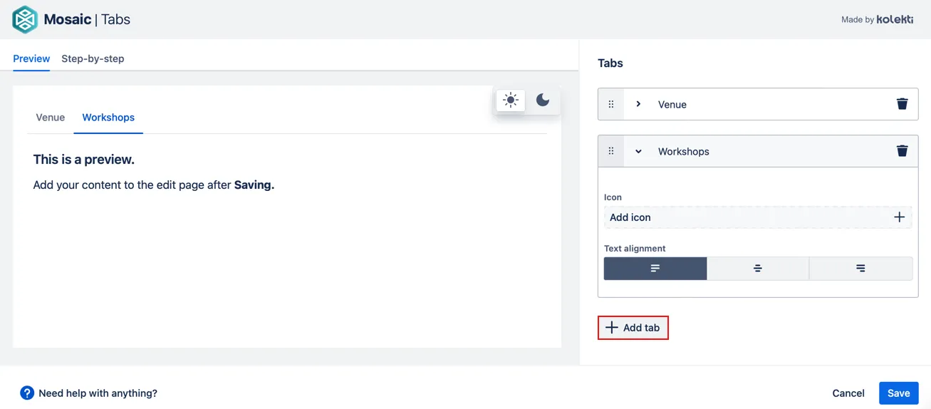 Editor showing the Add Tab button highlighted for adding a new tab to the group