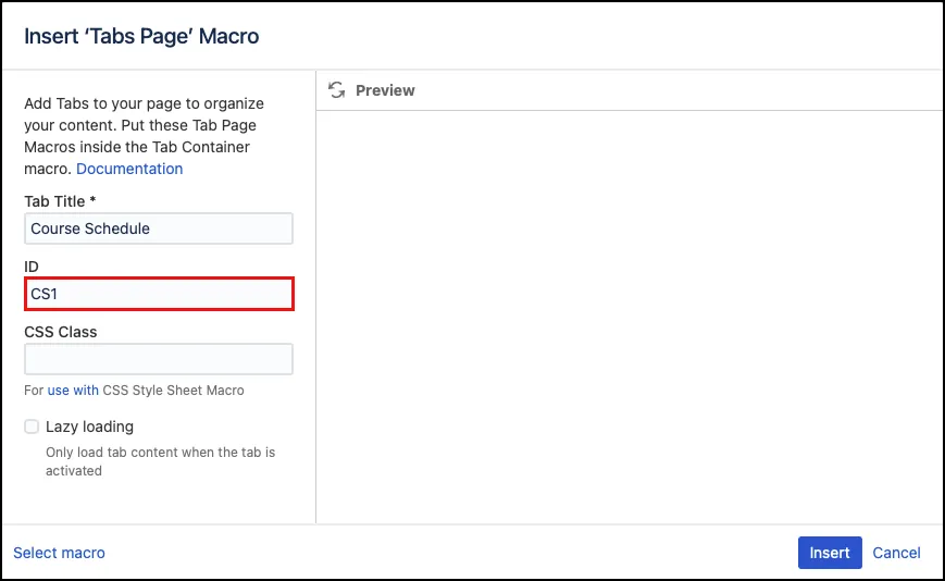 Tabs Page macro editor showing the ID field set to CS1