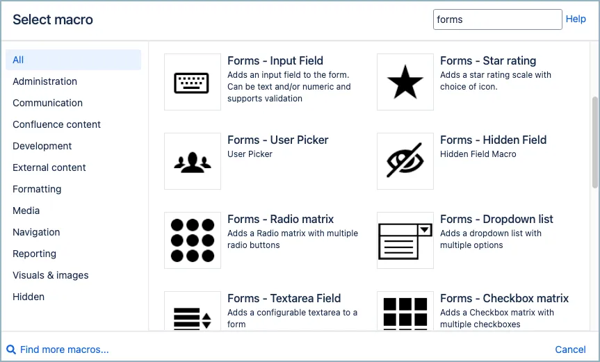 Example form showing different question types created with input field macros