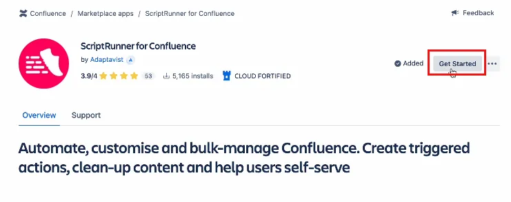The Get Started button highlighted on the ScriptRunner for Confluence listing in the Marketplace.