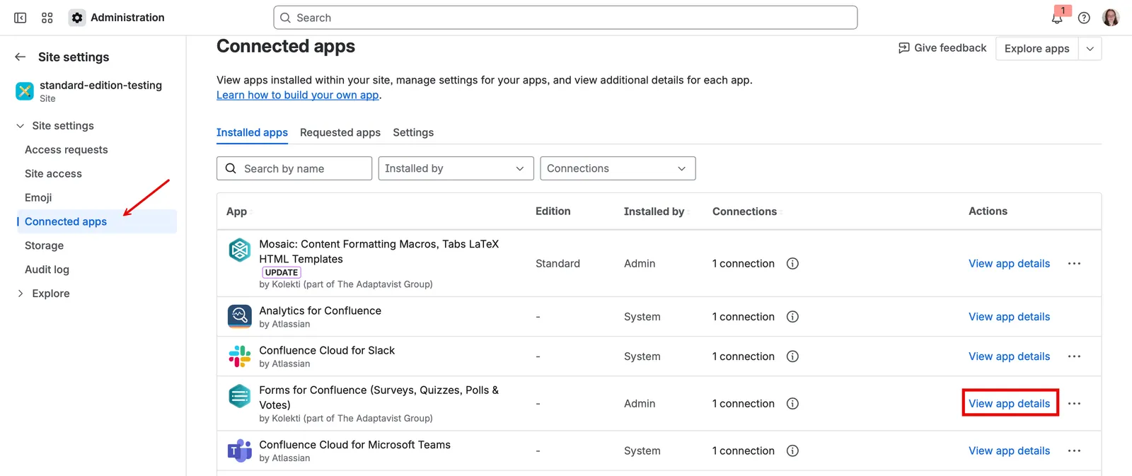 Forms for Confluence app details page in Confluence, highlighting the option to view app details.