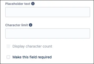 Form builder Short answer configuration panel showing options for description, response validation, placeholder text, character limit, and required field