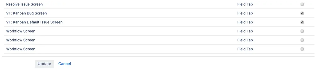 Example of configuring screens to display the script field on selected Jira screens