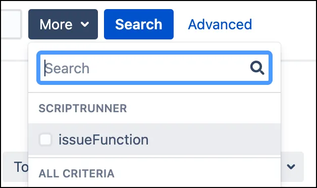 More dropdown in the Basic search menu showing ScriptRunner search option