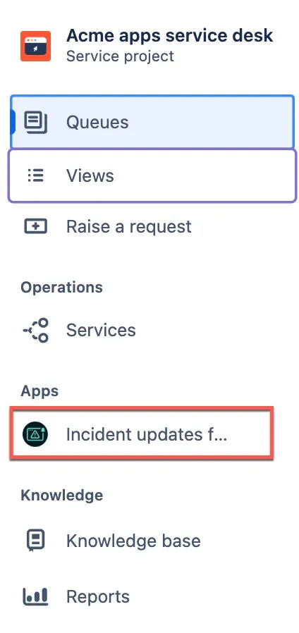 Jira project sidebar with Incident Updates for Statuspage option highlighted