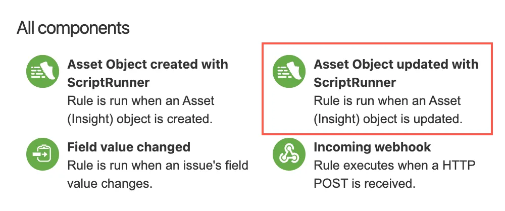 Automation for Jira trigger configuration showing the “Asset Object updated with ScriptRunner” trigger selected