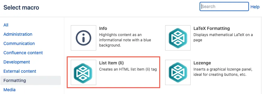 Macro Browser with the List Item macro highlighted in the selection list