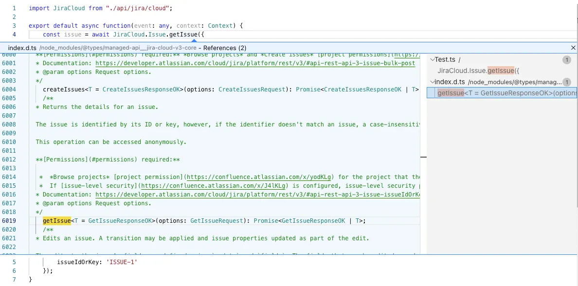 Screenshot of a code editor displaying JavaScript code involving Jira API functions. The focus is on the `getIssue` function and its references. A sidebar shows related code files and references, emphasizing issue handling in Jira software integration.