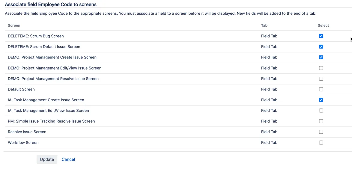 Selecting Jira screens and checkboxes to add the encrypted custom field before clicking Update