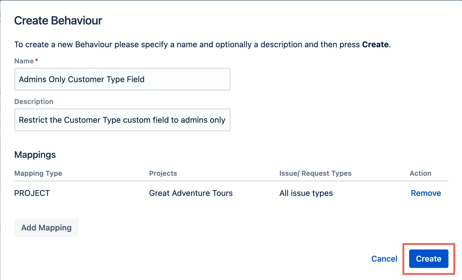 The Create Behaviour screen showing the behaviour name, description, and project mapping configuration.