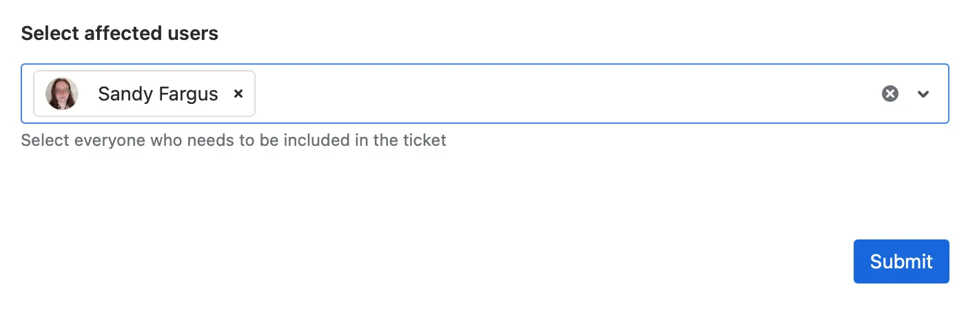 Published Confluence page showing a form with a User picker field and example user selection