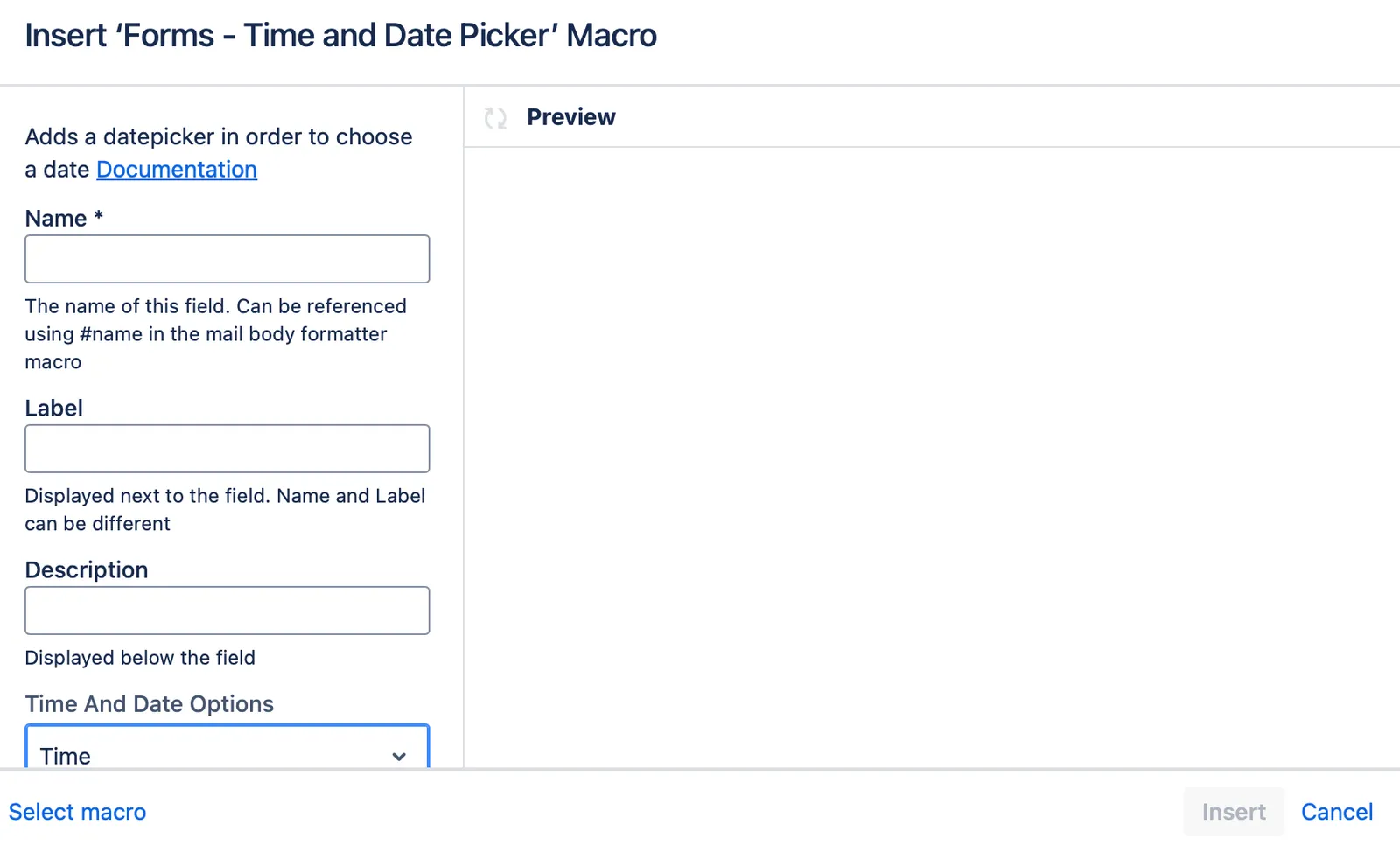 Forms - Datepicker Field macro configuration options in the editor