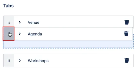 Editor tab list showing the drag handle icon used to reorder tabs by dragging them to a new position.