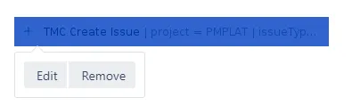 Confluence page displaying the configured TMC Create Issue macro with custom button text, color, notification settings, and predefined fields
