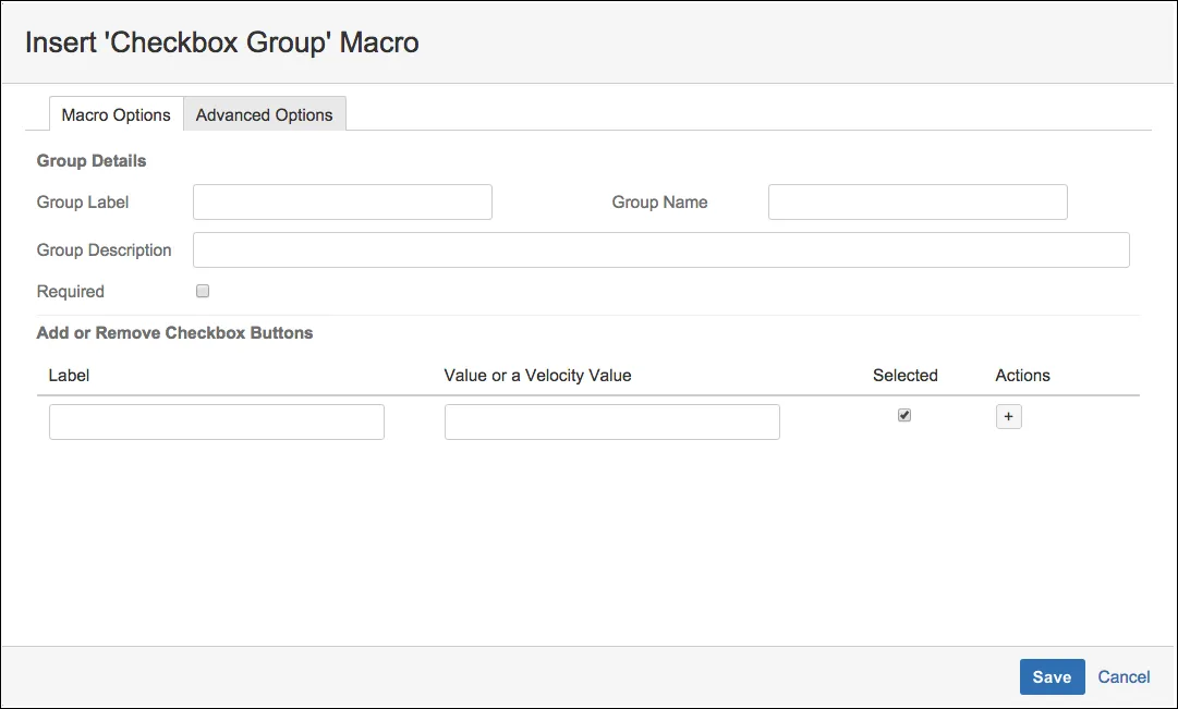 Forms - Checkbox Group macro dialog showing checkbox group configuration options