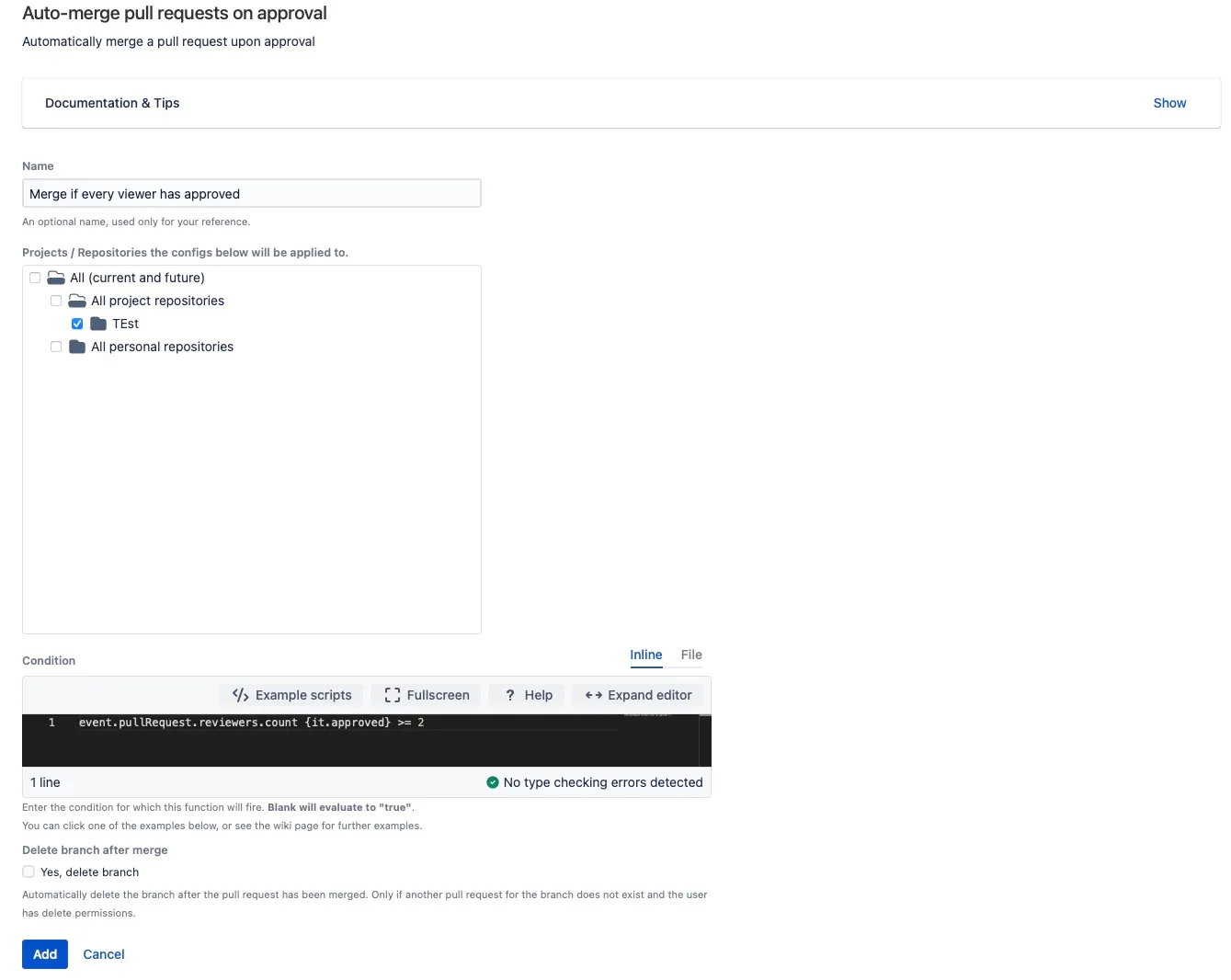 Projects and repositories selection screen for configuring auto-merge pull request listener