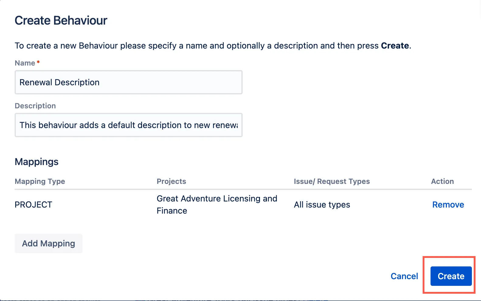 The Create Behaviour screen showing the behaviour name, description, and project mapping configuration.
