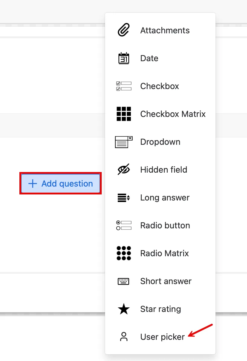User picker question added to a form in the Form Builder, showing the configuration panel for the User picker field