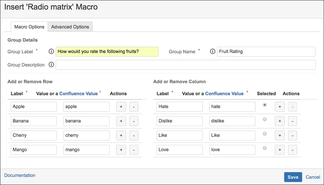 Radio Matrix macro configuration dialog showing columns and rows with Label, Value, and preselected option settings.