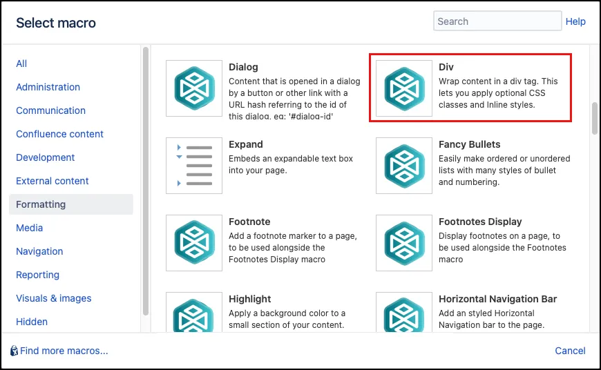Macro Browser showing the Div macro selected