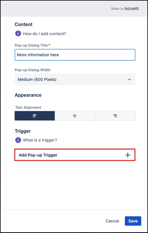 Example Pop-up Dialog macro configuration showing the Add Pop-up Trigger button selected.