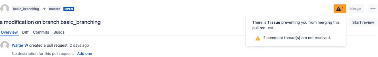 Prevent merge message displayed when unresolved comments block a pull request merge