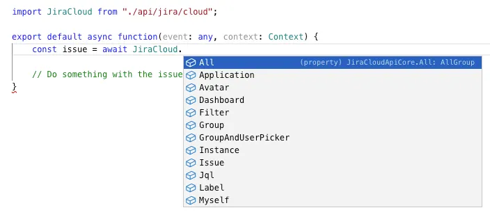 An API screenshot with auto-suggestions shown.